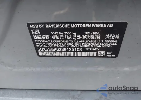 2025 BMW X3 30 xDrive из США, поврежденный, VIN 5UX53GP02S9135103